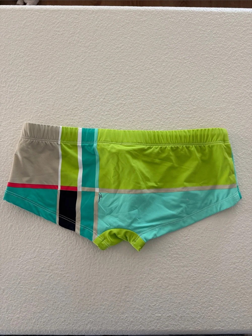 Mr. Turk Neutral & Aqua Colorblock Men’s Swim Briefs with Lime Accents